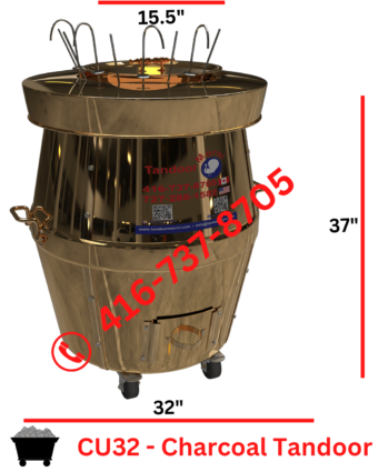 A charcoal tandoor oven with flames burning inside.