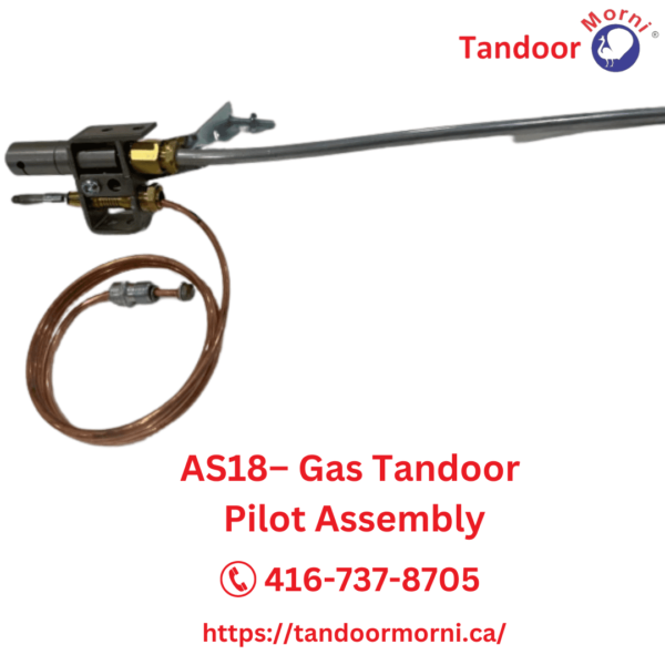 Close-up view of AS18 gas tandoor pilot assembly with flame burning.