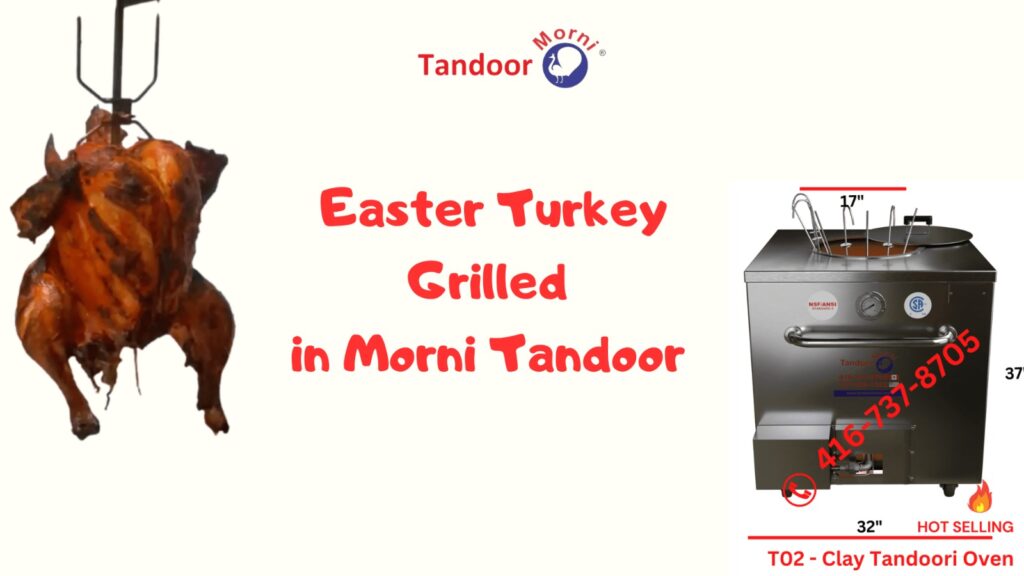 Grilled tandoori turkey with Easter-themed decoration and side dishes.